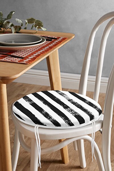 Realhomes Siyah Çizgili Motifli Modern Yuvarlak Fermuarlı Sandalye Minderi