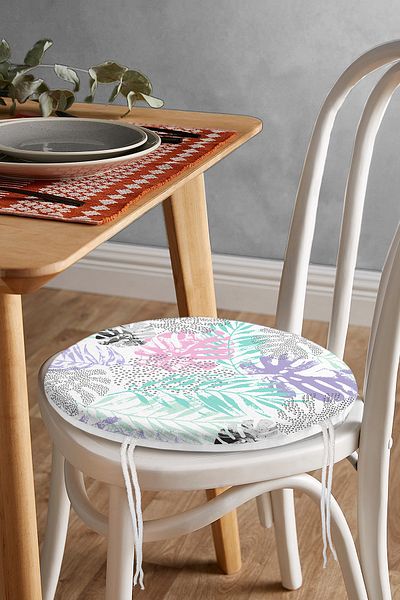 Realhomes Modern Round Zippered Chair Cushion with Water Colored Leaf Drawing on White Background