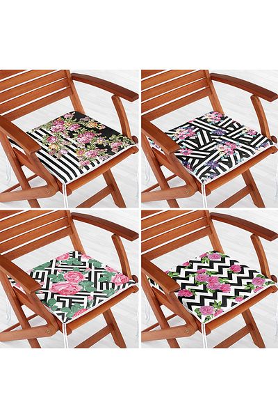 Realhomes Set of 4 Black Striped Floor Flower Motif Zippered Chair Cushions