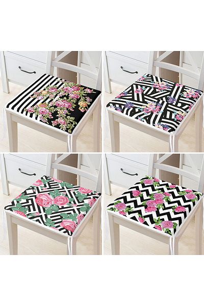 Realhomes Set of 4 Black Striped Floor Flower Motif Zippered Chair Cushions