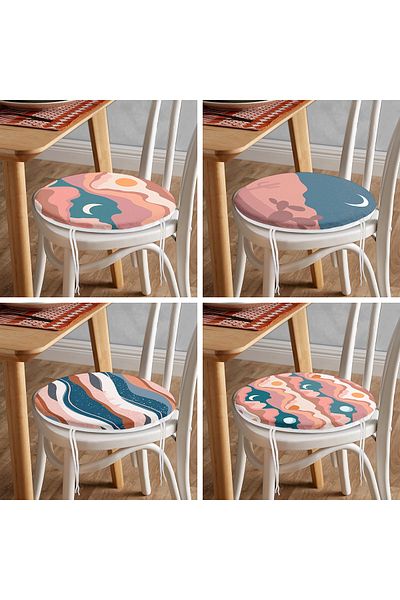 Realhomes Set of 4 Digital Printed Round Zippered Chair Cushions with Mountain and Moon Design