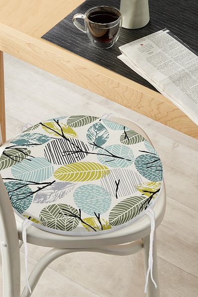 Realhomes Digital Printed Modern Round Zippered Chair Cushion with Leaf Pattern on White Background