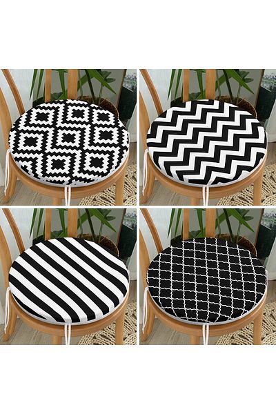Realhomes Set of 4 Black and White Geometric Shapes Round Zippered Chair Cushions