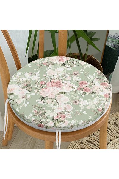 Realhomes Digital Printed Modern Round Zippered Chair Cushion with White Flower Pattern on Colorful Background