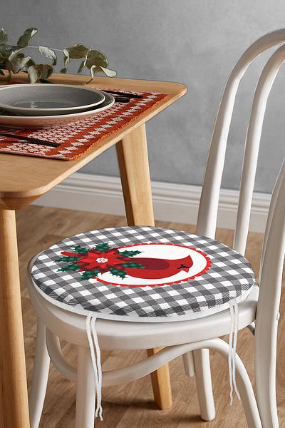 Realhomes Digital Printed Modern Round Zippered Chair Cushion with Gray Plaid Floor & Red Bird Design