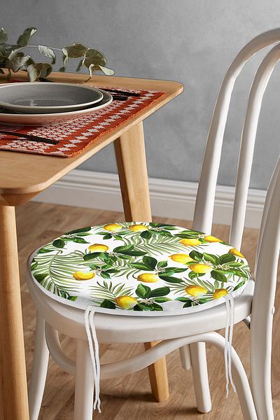 Realhomes Lemon Leaves Patterned Digital Printed Round Zippered Chair Cushion