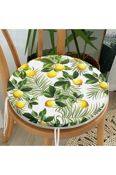 Realhomes Lemon Leaves Patterned Digital Printed Round Zippered Chair Cushion