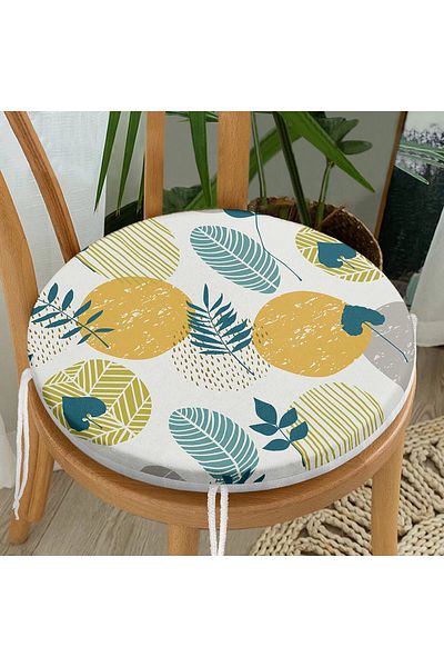 Realhomes Digital Printed Modern Round Zippered Chair Cushion with Leaf Pattern on White Background