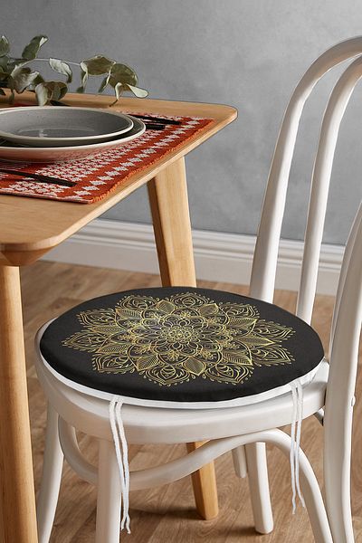 Realhomes Round Zippered Chair Cushion with Gold Mandala Motif on Black Background