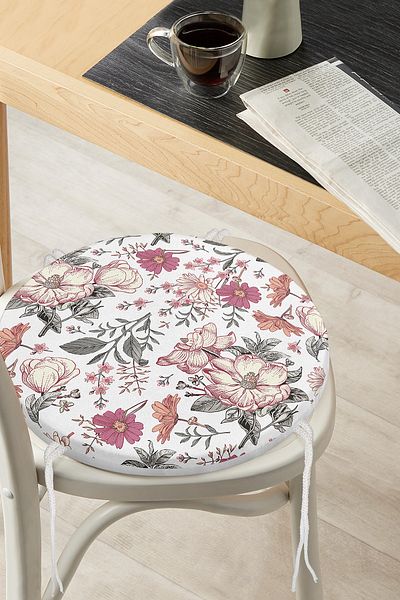 Realhomes Digital Printed Round Zippered Chair Cushion with Daisy & Rose Design