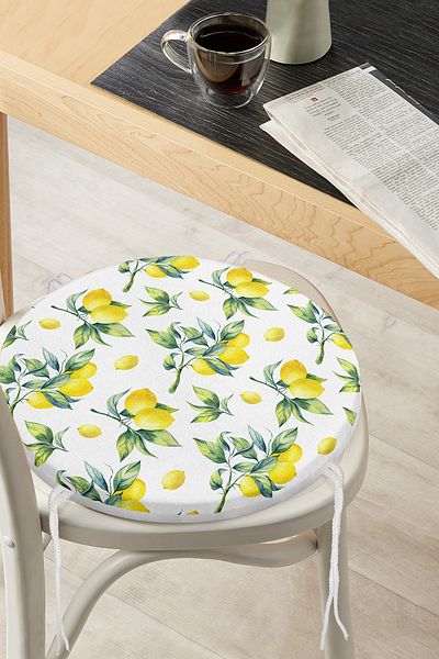 Realhomes Lemon Patterned 3D Modern Round Zippered Chair Cushion on White Background