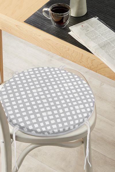 Realhomes Round Zippered Chair Cushion with Geometric Square Motif on Gray Background