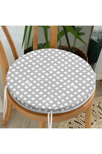 Realhomes Round Zippered Chair Cushion with Geometric Square Motif on Gray Background