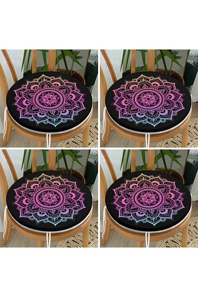Realhomes 4-Piece Neon Mandala Design Digital Printed Modern Round Zippered Chair Cushion Set