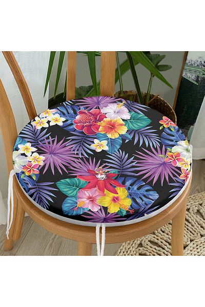 Realhomes Round Zippered Chair Cushion with Colorful Flowers Design on Black Background