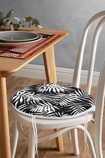 Realhomes Digital Printed Round Zippered Chair Cushion with White Leaf Design on Black Background