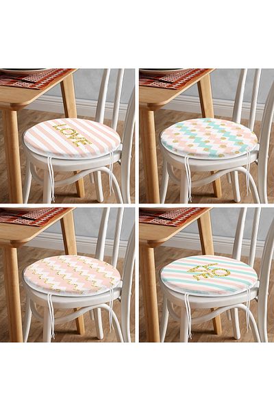 Realhomes 4-Piece Modern Round Zippered Chair Cushion Set with Gold Detail Love Writing on White Background
