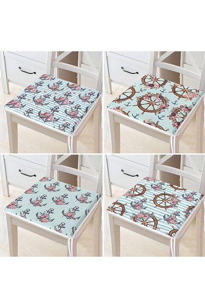 Realhomes 4-Piece Blue Floor Rudder & Anchor Digital Printed Modern Zippered Chair Cushion Set