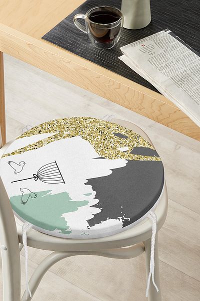 Realhomes Cage And Bird Motif Gold Modern Motifs Digital Printed Modern Round Zippered Chair Cushion