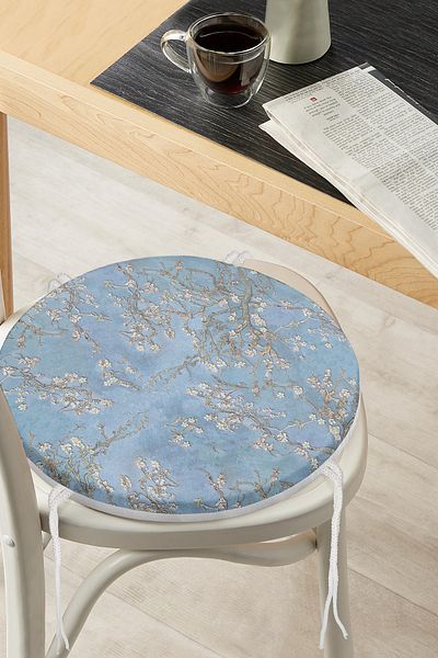 Realhomes Oil Paint Blue Tree Motifs Digital Printed Round Zippered Chair Cushion