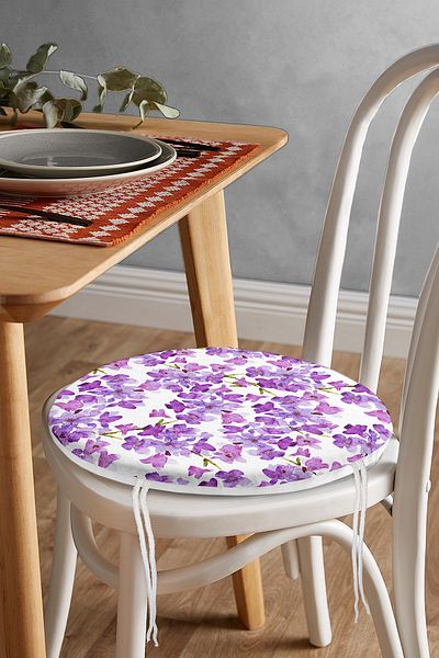 Realhomes Watercolor Purple Flower Figured Digital Printed Modern Round Zippered Chair Cushion