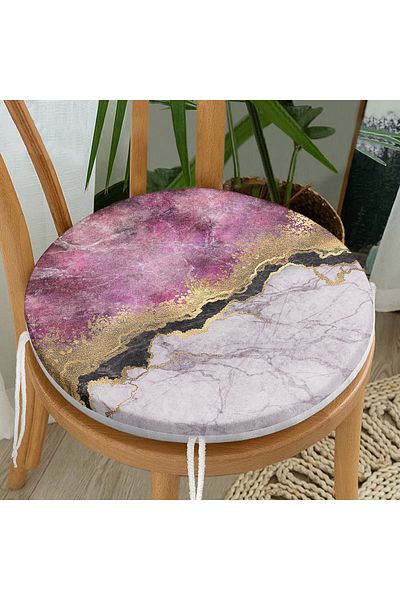 Realhomes Plum White Gold Patterned Modern Round Zippered Chair Cushion