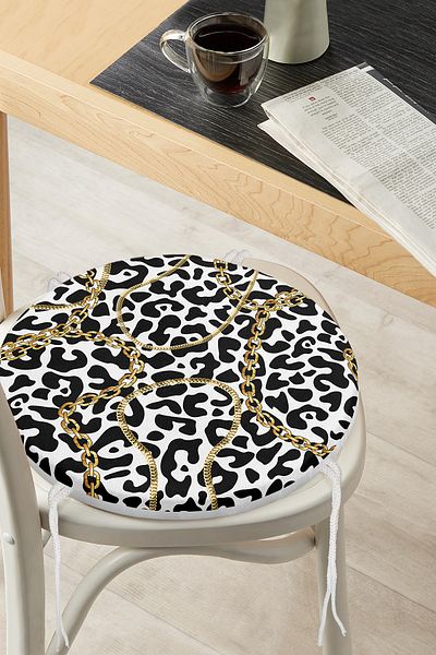 Realhomes Leopard Patterned Gold Detailed Special Design Modern Round Zippered Chair Cushion