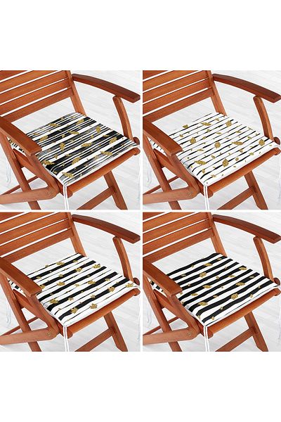 Realhomes 4-Piece Gold Detailed Leaf Patterned Modern Zippered Chair Cushion Set on White Background
