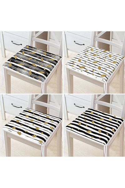 Realhomes 4-Piece Gold Detailed Leaf Patterned Modern Zippered Chair Cushion Set on White Background