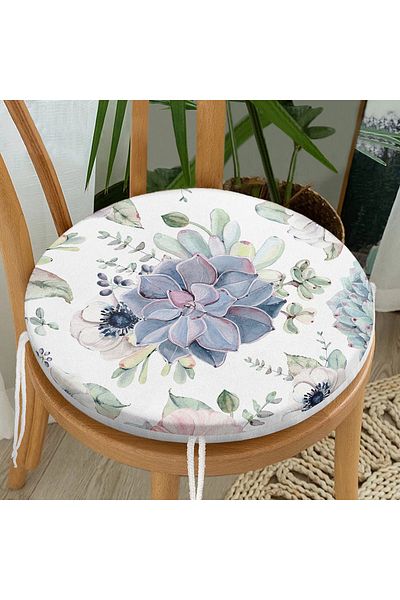 Realhomes Digital Printed Round Zippered Chair Cushion with Flower Motif on White Background