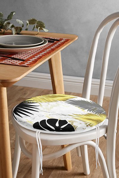 Realhomes Gold And Black Leaves Digital Printed Modern Round Zippered Chair Cushion With Marble Floor