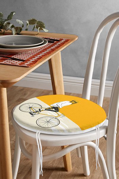 Realhomes Yellow Cream Floor Bicycle Man Motif Round Zippered Chair Cushion