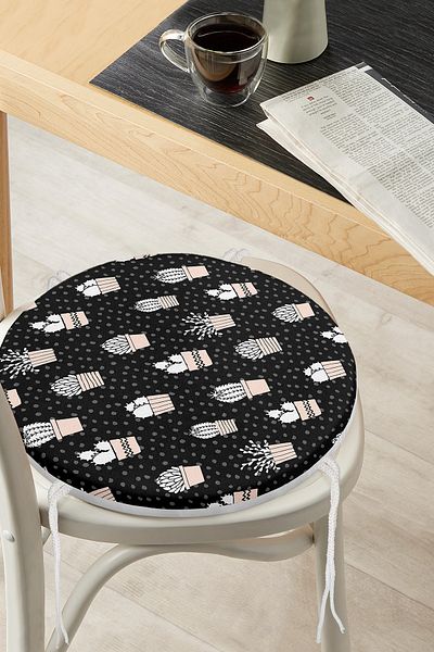 Realhomes Digital Printed Modern Round Zippered Chair Cushion with Cactus Pattern on Black Background