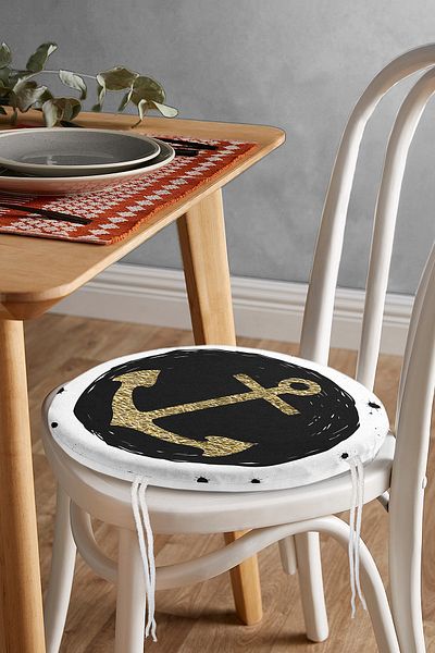 Realhomes Digital Printed Modern Round Zippered Chair Cushion with Gold Anchor Pattern on Black Background