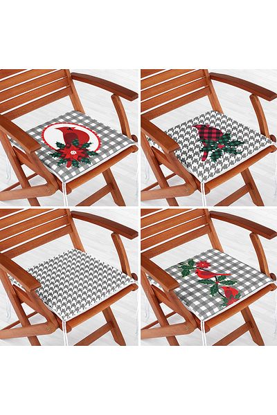 Realhomes 4-Piece Gray Plaid Floor Bird Design Digital Printed Modern Zippered Chair Cushion Set