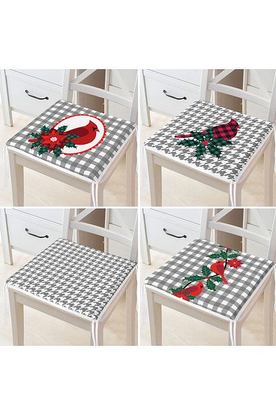 Realhomes 4-Piece Gray Plaid Floor Bird Design Digital Printed Modern Zippered Chair Cushion Set