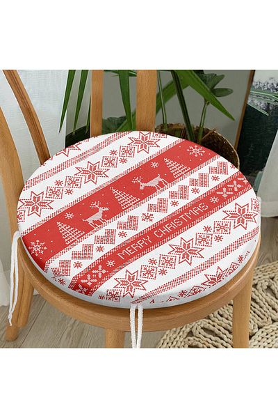 Realhomes Merry Christmas Cross Stitch Looking Deers Digital Printed Round Zippered Chair Cushion