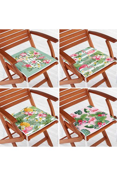 Realhomes Set of 4 Green Summer Themed Flamingo Motif Zippered Chair Cushions