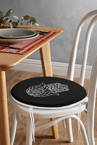 Realhomes White Fatma Mother Hand Motif Round Zippered Chair Cushion on Black Background
