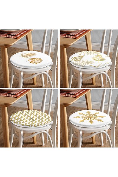 Realhomes Set of 4 Gold Leafy Leaf and Zigzag Motif Round Zippered Chair Cushions
