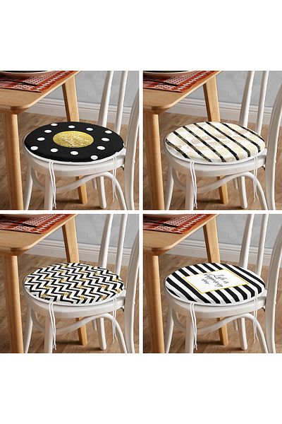 Realhomes Set of 4 Gold Written Geometric Patterned Round Zippered Chair Cushions