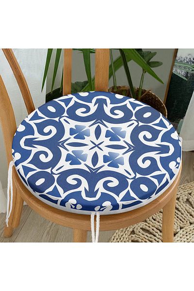Realhomes Digital Printed Modern Round Zippered Chair Cushion with Tile Pattern on Blue Background