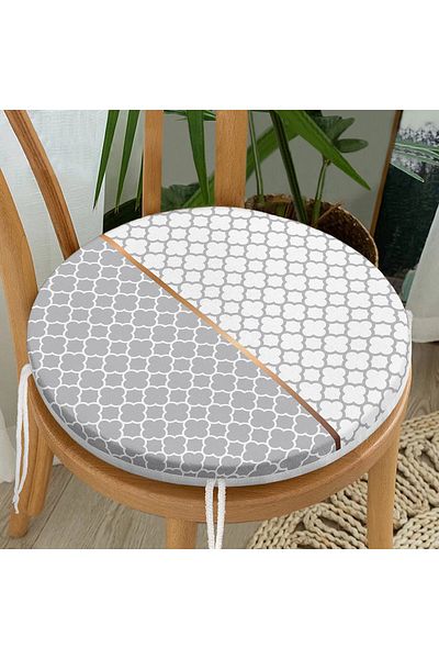 Realhomes Gray & White Ogea Patterned Digital Printed Round Zippered Chair Cushion