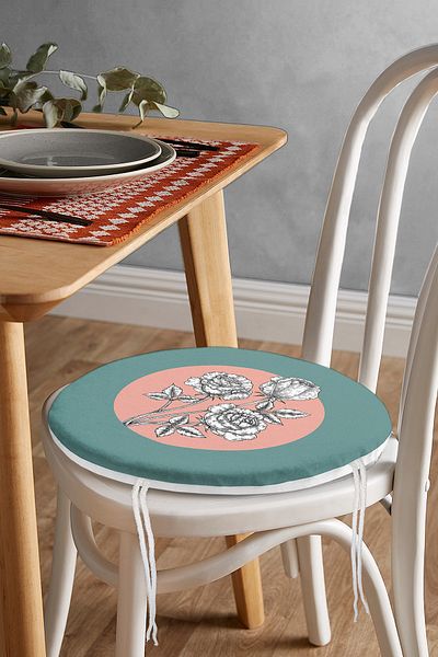 Realhomes Round Zippered Chair Cushion with Turquoise Powder Floor and Rose Motif
