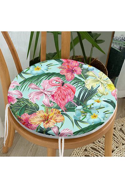 Realhomes Smiling Flamingo Motif Digital Printed Round Zippered Chair Cushion