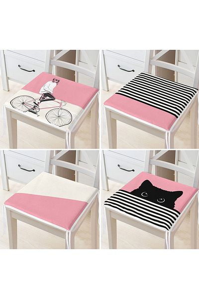 Realhomes Pink Bicycle Man Cat Themed Zippered Chair Cushion Set of 4