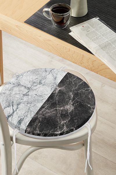 Realhomes Black Gray Marble Motif Digital Printed Round Zippered Chair Cushion
