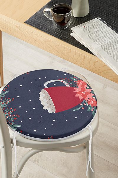 Realhomes Navy Blue Floor Red Cup Patterned Digital Printed Modern Round Zippered Chair Cushion