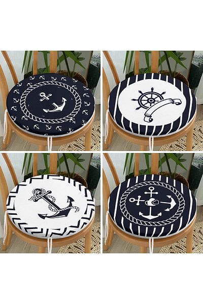 Realhomes 4-Piece Dark Blue White Anchor Design Decorative Round Zippered Chair Cushion Set
