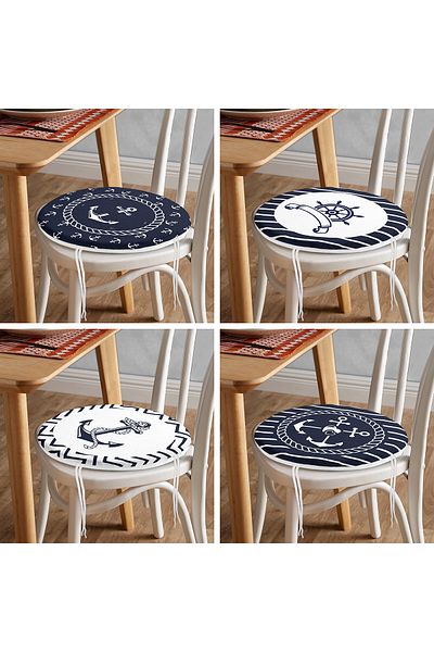 Realhomes 4-Piece Dark Blue White Anchor Design Decorative Round Zippered Chair Cushion Set